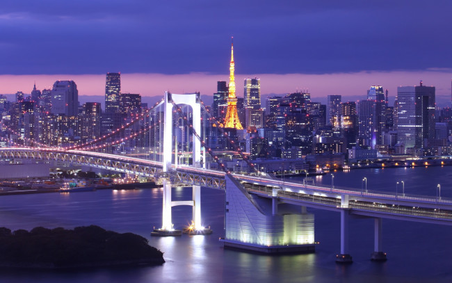 Обои картинки фото города, - мосты, tokyo, ночной, город, панорама, островок, залив, мост, радужный, токийский, Япония, токио, rainbow, bridge, bay, japan