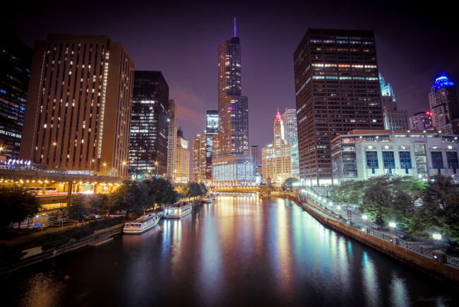 Обои картинки фото города, Чикаго , сша, Чикаго, chicago, иллиноис, город, река, небоскребы, ночь, огни