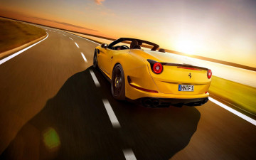 Картинка автомобили ferrari скорость рассвет желтый трасса феррари шоссе дорога california