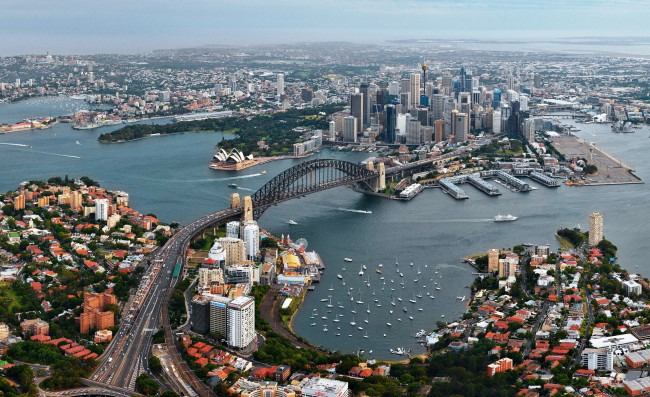 Обои картинки фото города, сидней , австралия, бухта, театр, яхты, мост, берега, город