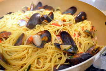 обоя еда, макаронные блюда, мидии, спагетти, макароны, паста