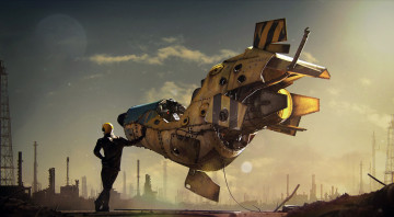 Картинка фэнтези транспортные+средства helmet sky oil well moon pilot drill fantasy art spaceship digital astronaut science fiction suit artwork man stars sci-fi