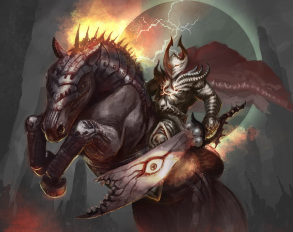 Обои картинки фото фэнтези, существа, доспех, воин, арт, броня, меч, конь, молнии