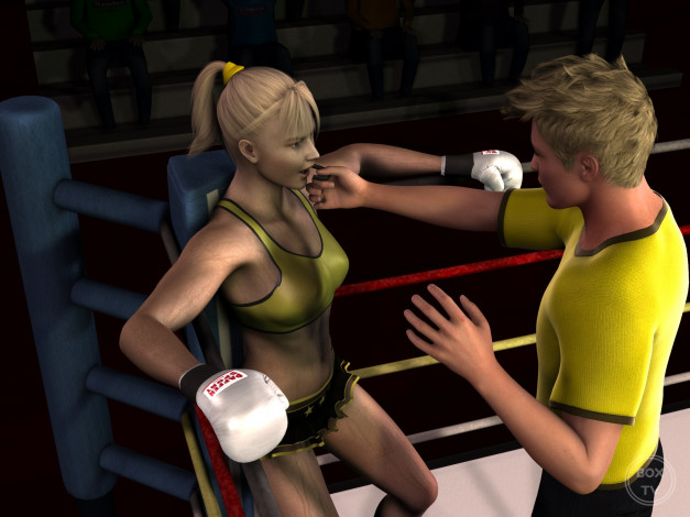 Обои картинки фото 3д графика, спорт , sport, девушки, бокс, ринг, фон, взгляд