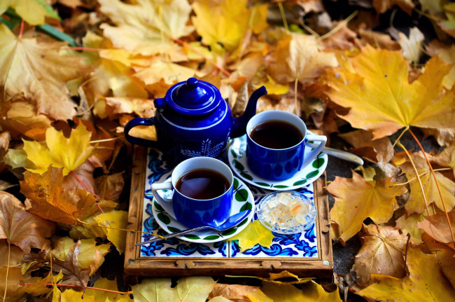 Обои картинки фото еда, кофе,  кофейные зёрна, осень, кофейник, чашки, листья