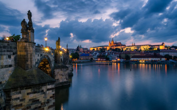 Картинка города прага+ чехия влтава река вечер