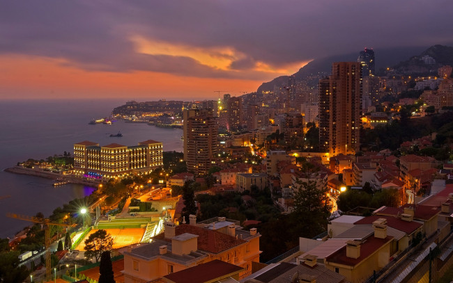 Обои картинки фото города, монте-карло , монако, огни, вечер, панорама