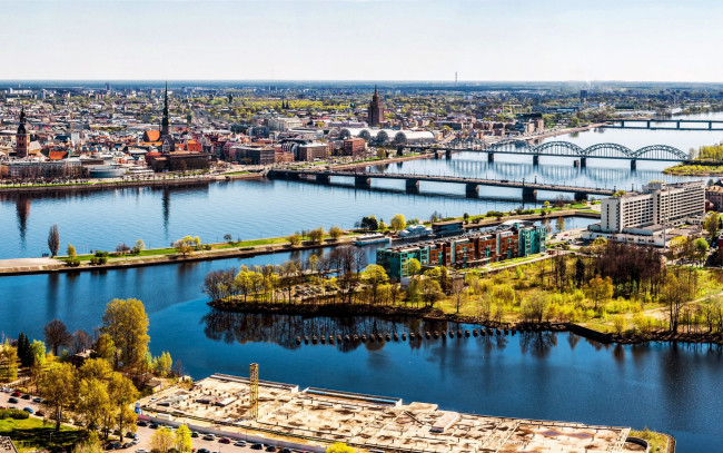 Обои картинки фото города, рига , латвия, панорама, мосты, река