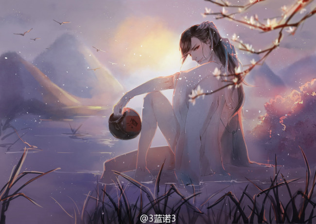 Обои картинки фото аниме, mo dao zu shi, вэй, усянь, кувшин, река