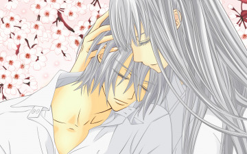 Картинка аниме vampire knight kiryu+ichiru hiou+shizuka девушка мужчина деревья сакура цветы ветки кимоно рубашка