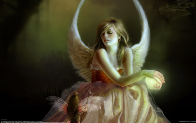 Обои картинки фото sue, marino, the, reading, фэнтези, ангелы, девушка, крылья, магия, эльф, ангел