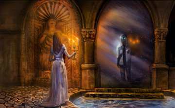 Картинка фэнтези люди романтика апокалипсиса alexiuss арт зеркало девушка снайпер свечи статуя вода противогаз