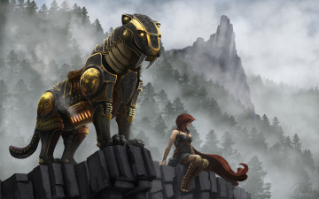 Картинка фэнтези красавицы+и+чудовища девушка робот тигр киборг горы утес саблезубый стимпанк