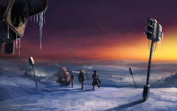 Картинка фэнтези люди капитан снег светофоры сосульки закат