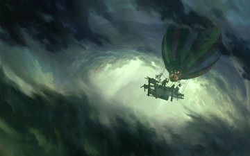 обоя фэнтези, транспортные средства, буря, воздушный, шар, капитан, небо, облака, арт, полёт, люди, тучи