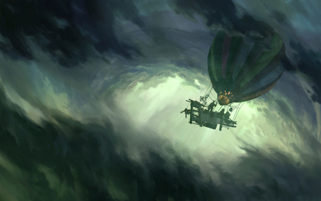 Обои картинки фото фэнтези, транспортные средства, буря, воздушный, шар, капитан, небо, облака, арт, полёт, люди, тучи