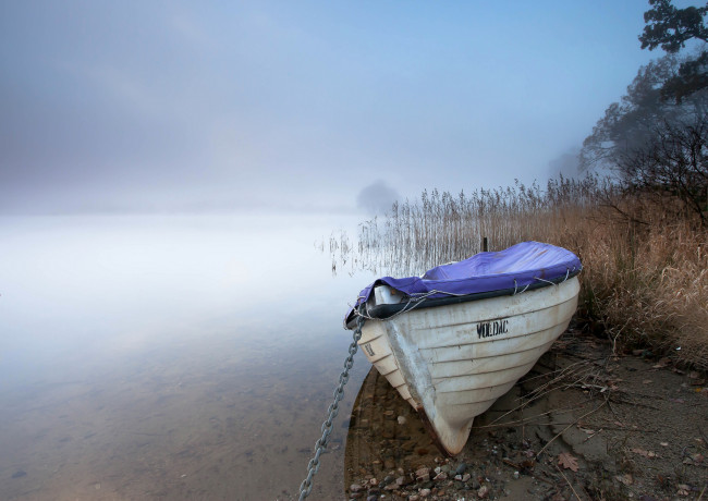 Обои картинки фото корабли, лодки,  шлюпки, камыш, туман, лодка, озеро