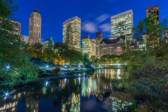 Картинка pond+at+central+park города нью-йорк+ сша огни парк небоскребы ночь