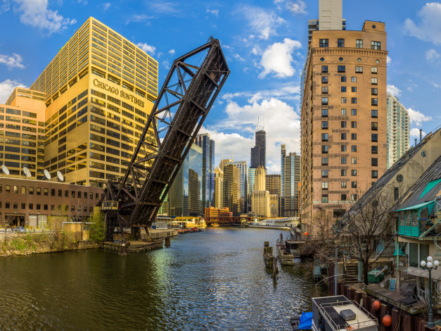 Обои картинки фото kinzie megapan, города, Чикаго , сша, небоскребы, мост, река