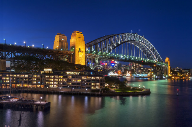 Обои картинки фото sydney harbour bridge, города, сидней , австралия, огни, мост, бухта, ночь