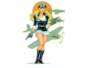 Картинка рисованное комиксы девушка самолет униформа взгляд фон