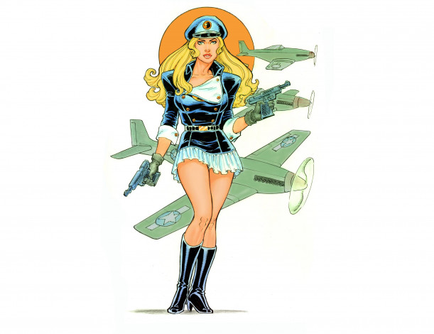 Обои картинки фото рисованное, комиксы, девушка, самолет, униформа, взгляд, фон