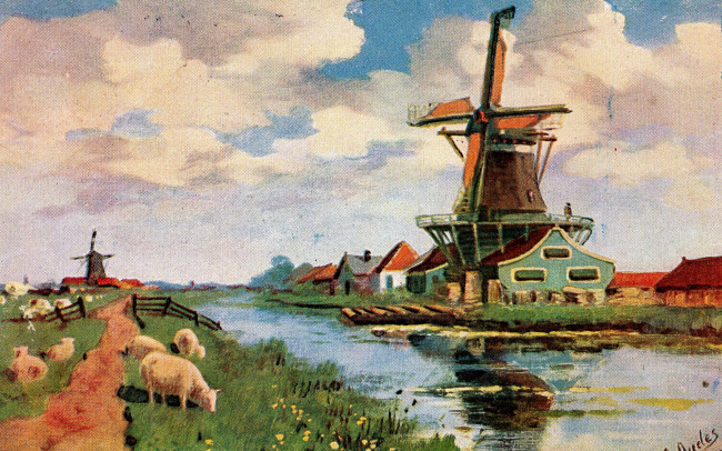 Обои картинки фото рисованное, живопись, река, мельница, пейзаж, холст, деревня, овцы