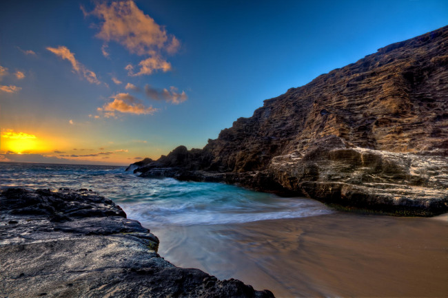 Обои картинки фото природа, побережье, скала, камни, пляж, берег, рассвет