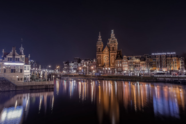 Обои картинки фото amsterdam, города, амстердам , нидерланды, ночь, вода, свет