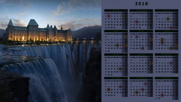 обоя календари, фэнтези, здание, водопад, мост, освещение