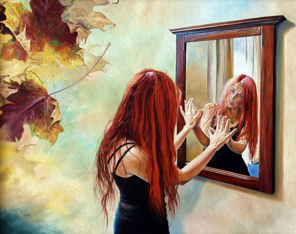 Обои картинки фото wlodzimierz, kuklinski, рисованные, девушка, зеркало, отражение, листья