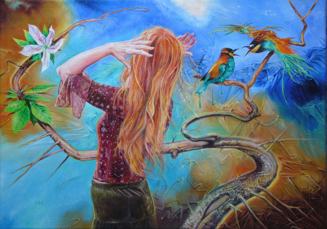 Обои картинки фото wlodzimierz, kuklinski, рисованные, девушка, птицы, цветок