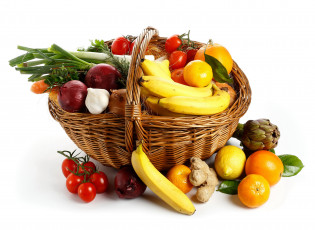 обоя еда, фрукты и овощи вместе, апельсины, помидоры, бананы, фрукты, корзина, овощи, лук, томаты