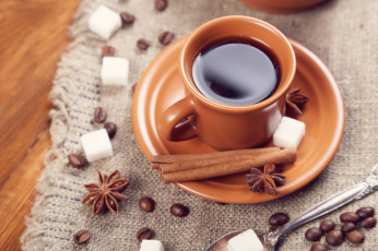 Картинка еда кофе +кофейные+зёрна пряности сахар зерна блюдце бадьян кружка ложка анис корица