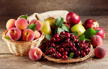 Картинка еда фрукты +ягоды ягоды вишня яблоки персики