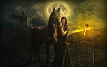 Картинка фэнтези фотоарт девушка лошадь