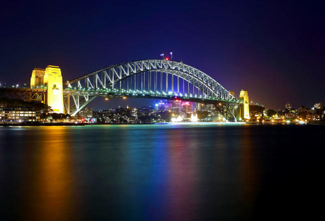 Обои картинки фото города, сидней , австралия, ночь, дома, сидней, мост, река