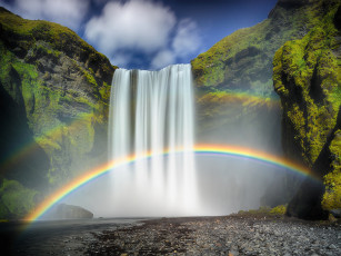 обоя природа, радуга, исландия, skоgafoss, водопад