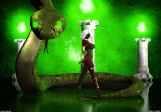 Картинка 3д+графика фантазия+ fantasy фон взгляд змея девушка