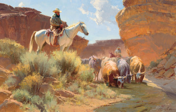 Картинка рисованное живопись горы ковбой лошадь коровы река водопой