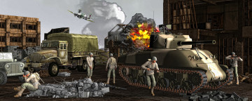 Картинка 3д+графика армия+ military сражение огонь самолет оружие танк солдаты автомобили