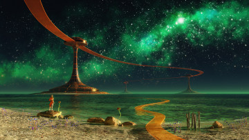Картинка 3д+графика фантазия+ fantasy девушка звезды небо дорога мост море фон взгляд