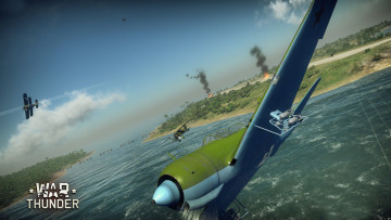 Картинка видео+игры war+thunder +world+of+planes полет самолеты река взрывы