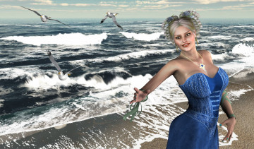 Картинка 3д+графика люди+ people девушка взгляд фон чайки брызги волны море
