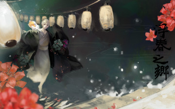 обоя аниме, natsume yuujinchou, цветы, иероглиф, тетрадь, дружбы, нацумэ, ночь, няко-сенсей, фонарики, кимоно, кот, парень