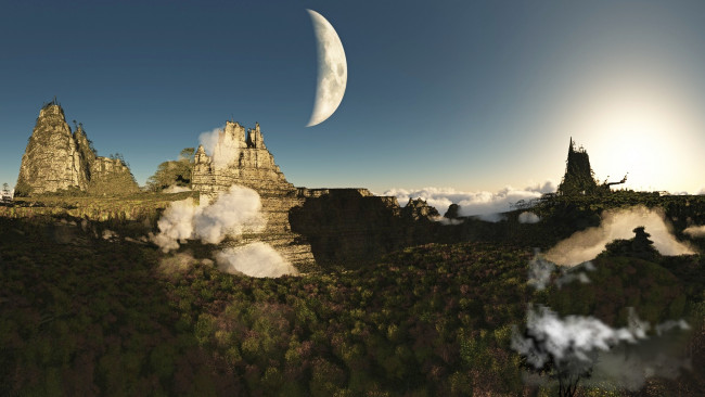 Обои картинки фото 3д графика, природа , nature, луна, горы, облака, лес