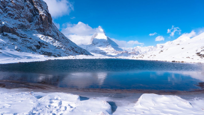 Обои картинки фото природа, реки, озера, озеро, снег, горы
