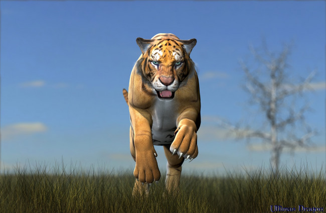 Обои картинки фото 3д графика, животные , animals, оскал, прыжок, тигр