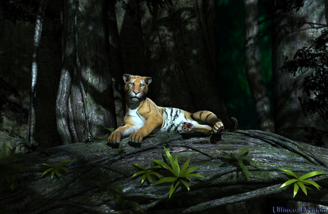 Обои картинки фото 3д графика, животные , animals, тигр, лес, растение