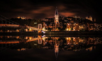 Картинка франция города -+огни+ночного+города здания мост река отражение